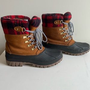 J. Crew Perfect Winter Boots in Buffalo Check Red Plaid and Brown Leather